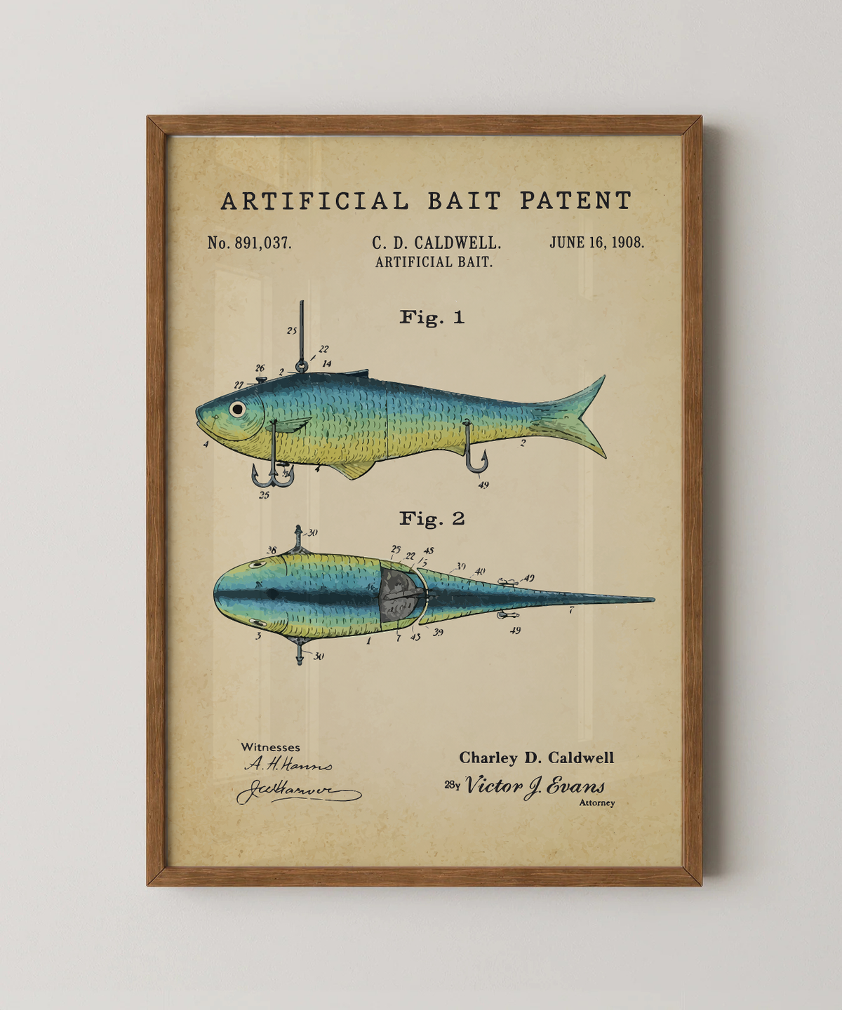 Artificial bait patent print in a natural oak wood frame