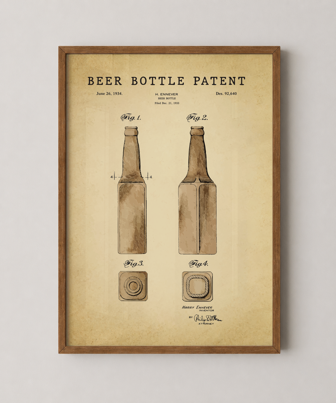 Beer bottle patent print in a natural oak wood frame