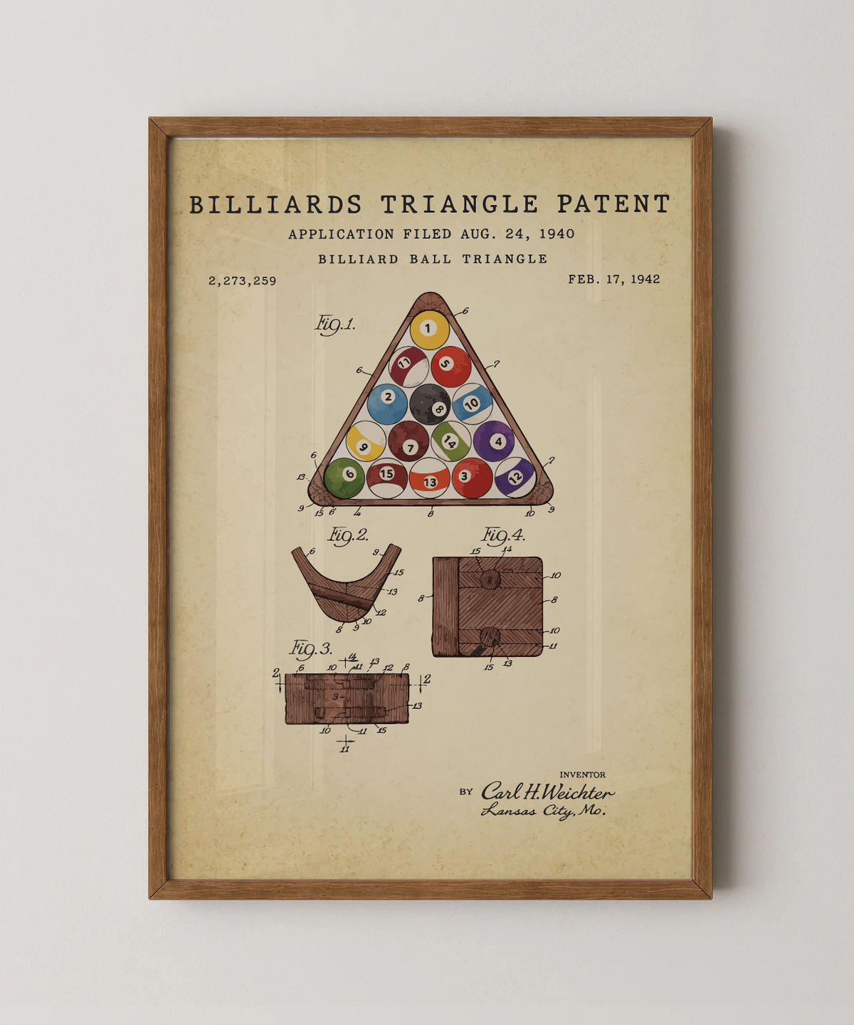 Billiards triangle patent print in a natural oak wood frame