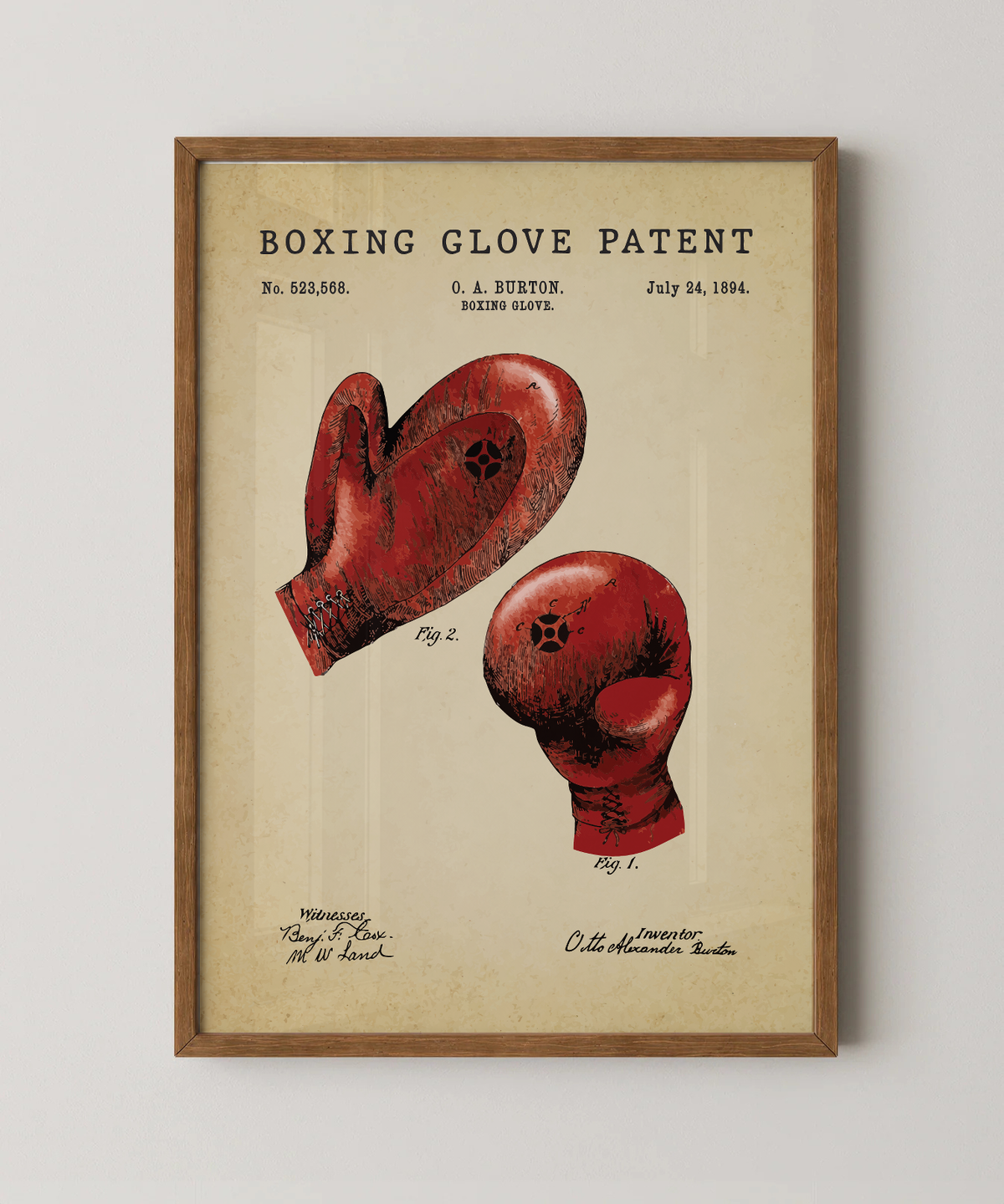 Boxing glove patent print in a natural oak wood frame