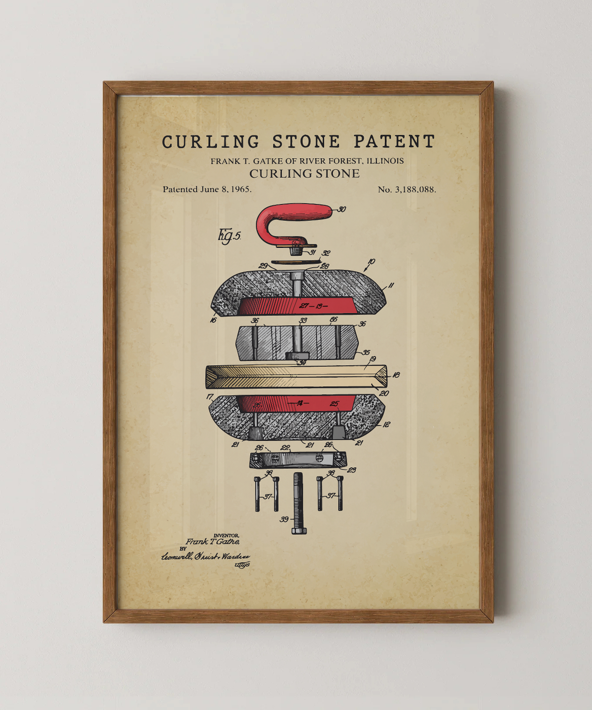 Curling stone patent print in a natural oak wood frame