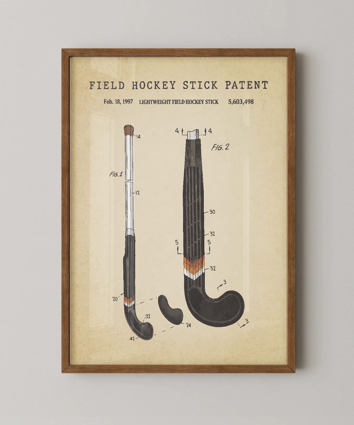 Field hockey stick patent print in a natural oak wood frame
