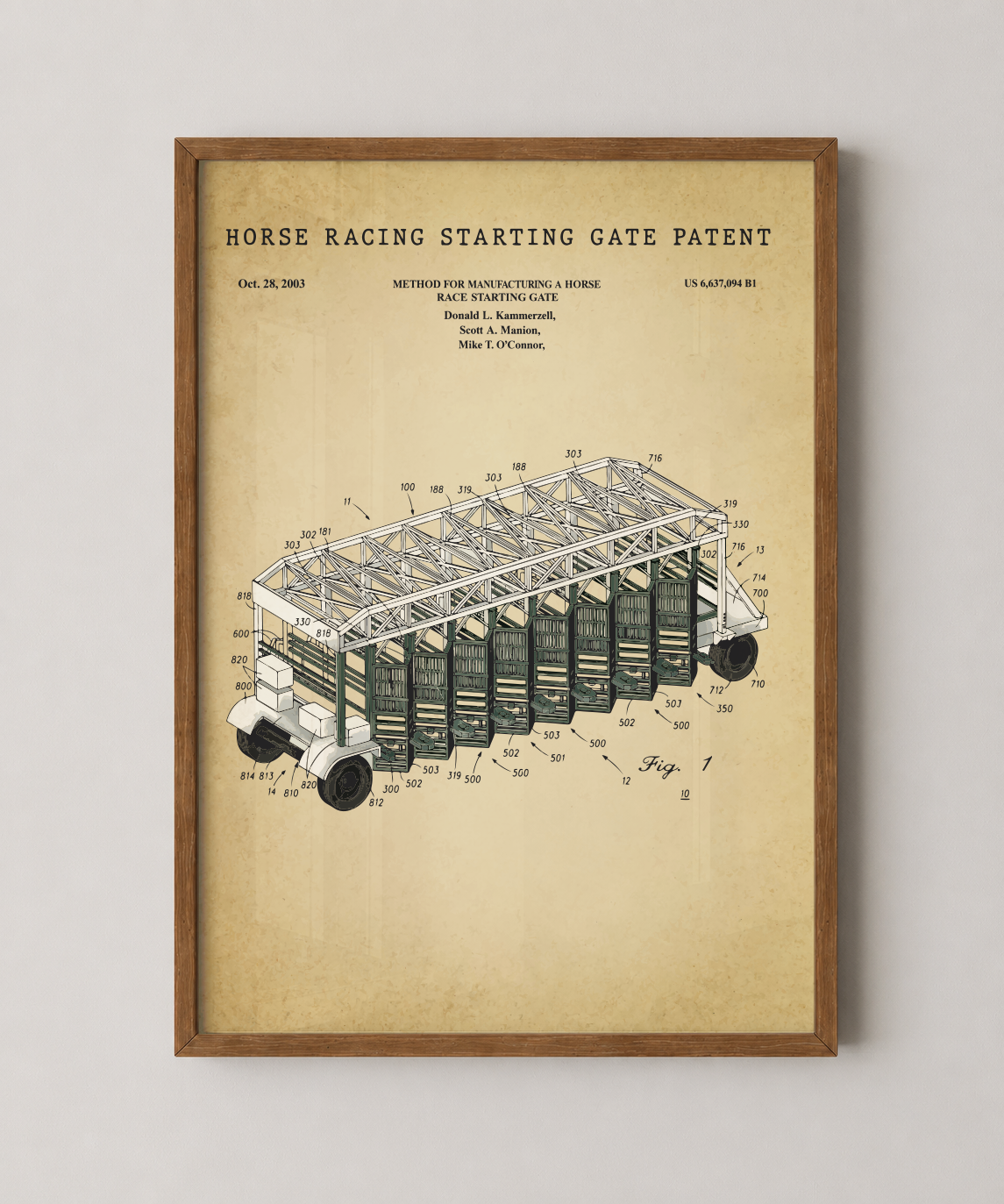 Horse racing starting gate patent print in a natural oak wood frame