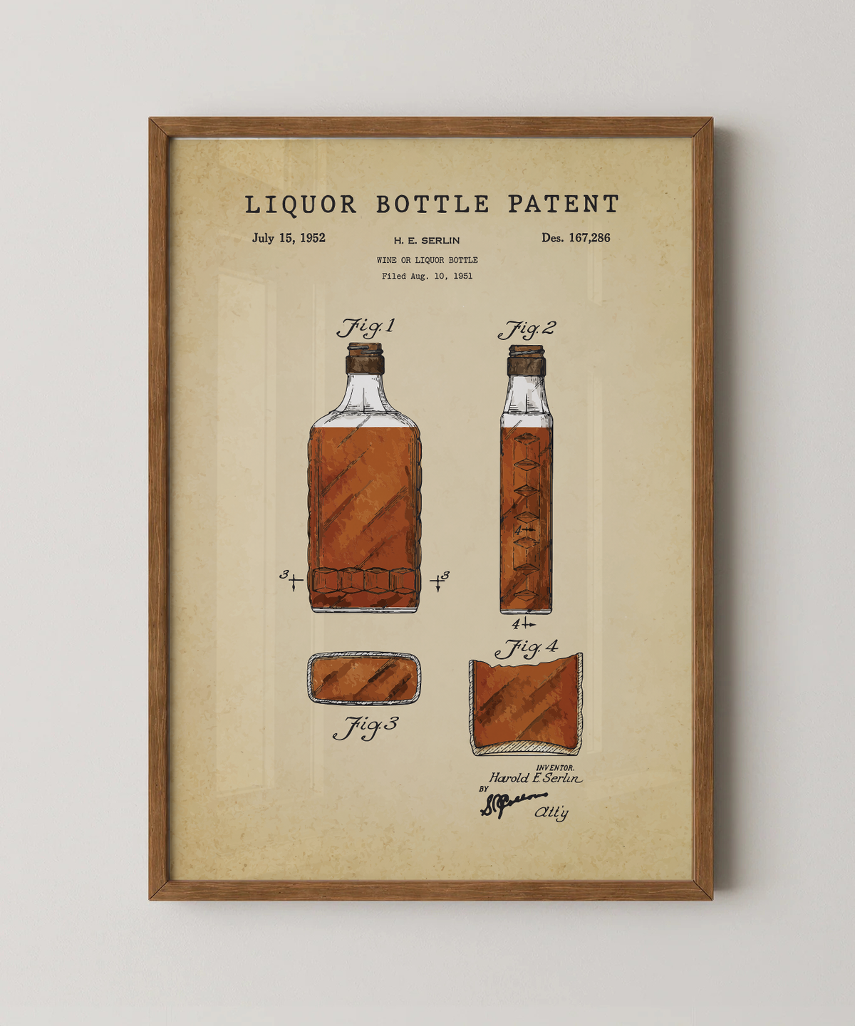 Liquor bottle patent print in a natural oak wood frame