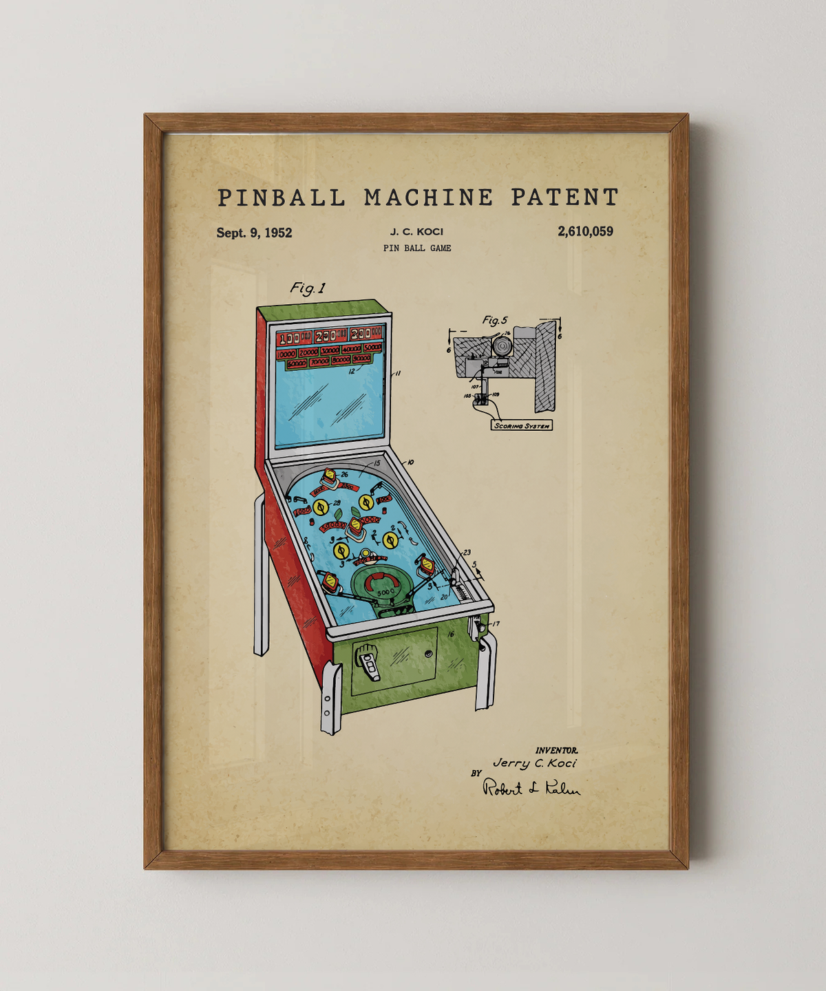 Pinball machine patent print in a natural oak wood frame