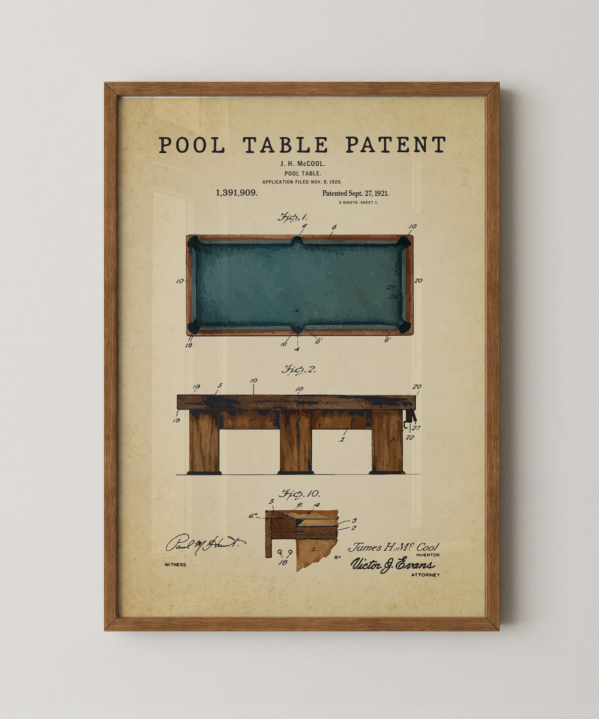 Pool table patent print in a natural oak wood frame