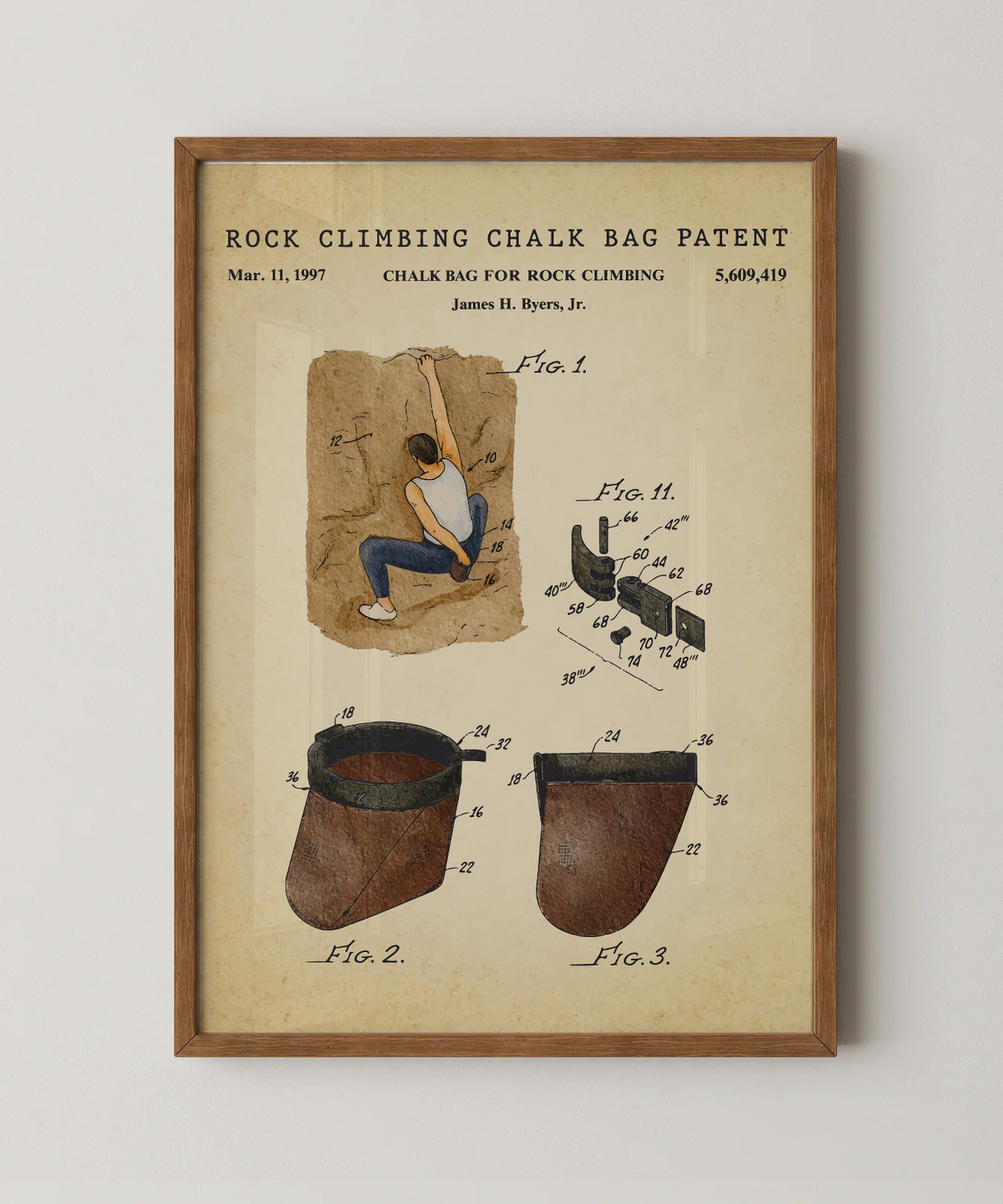 Rock climbing chalk bag patent print in a natural oak wood frame