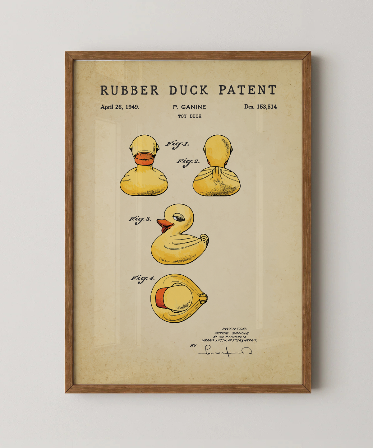 Rubber duck patent print in a natural oak wood frame