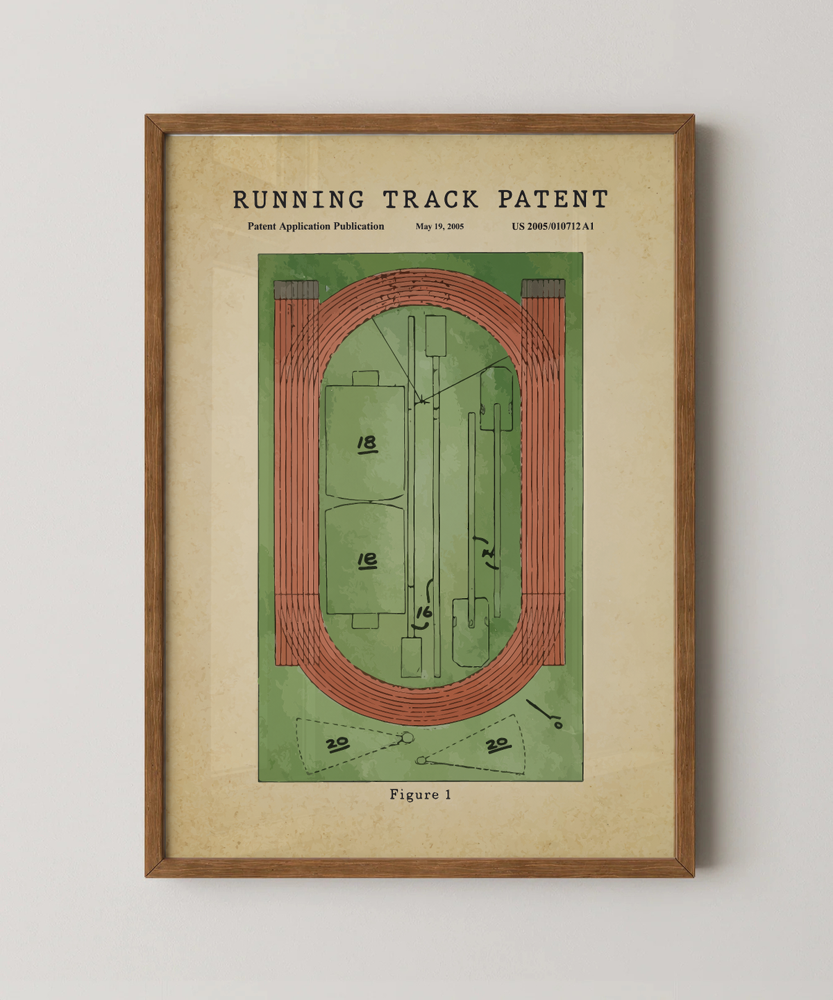 Running track patent print in a natural oak wood frame