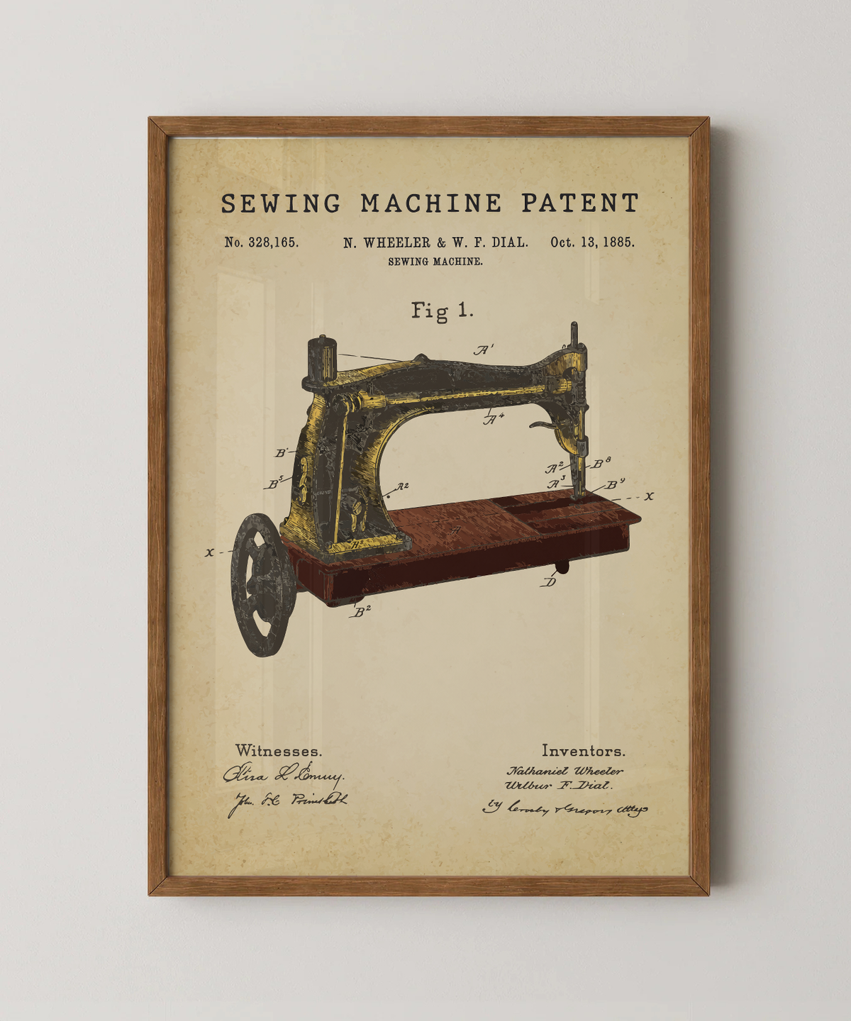 Sewing machine patent print in a natural oak wood frame