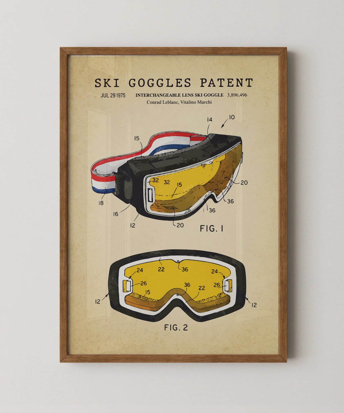 Ski goggles patent print in a natural oak wood frame
