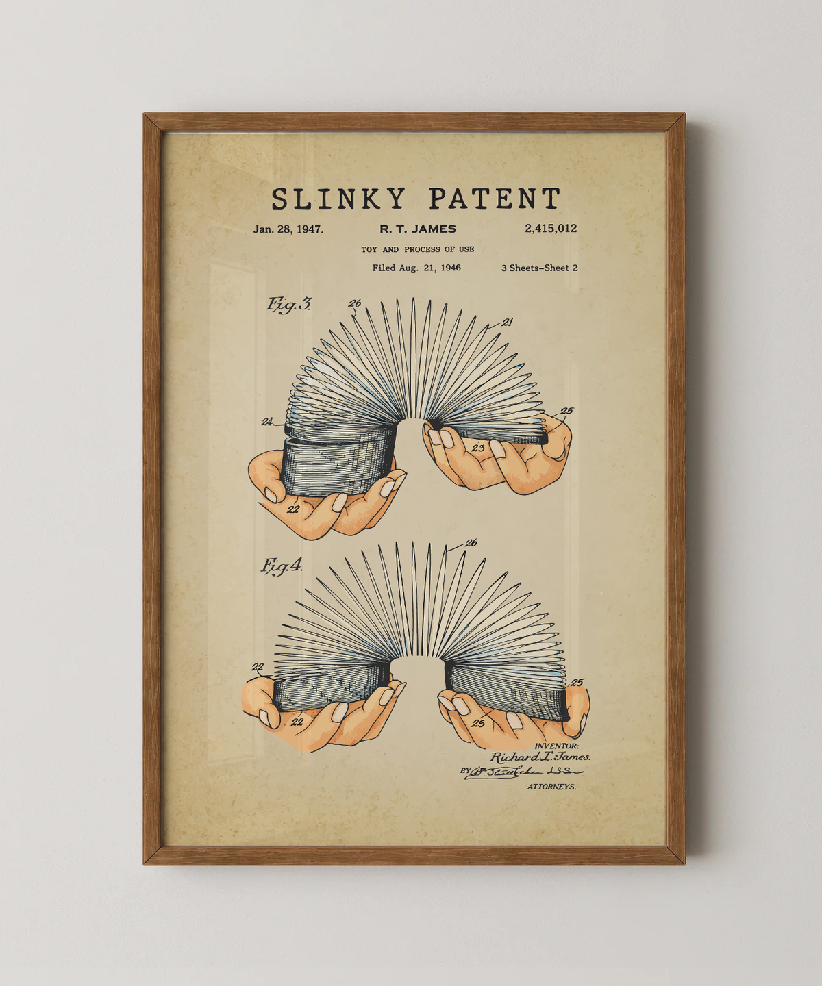 Slinky patent print in a natural oak wood frame