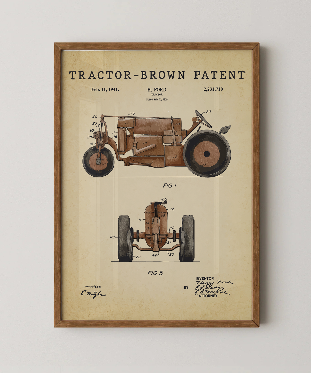 Brown tractor patent print in a natural oak wood frame