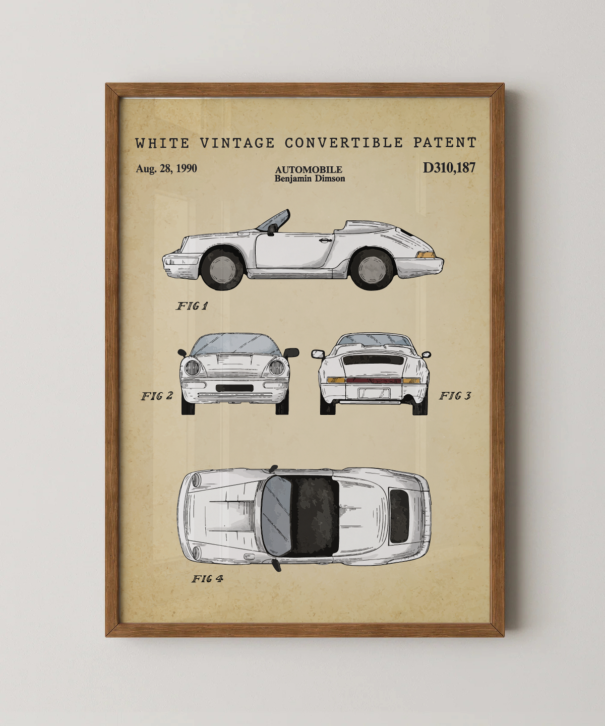 White vintage convertible patent print in a natural oak wood frame