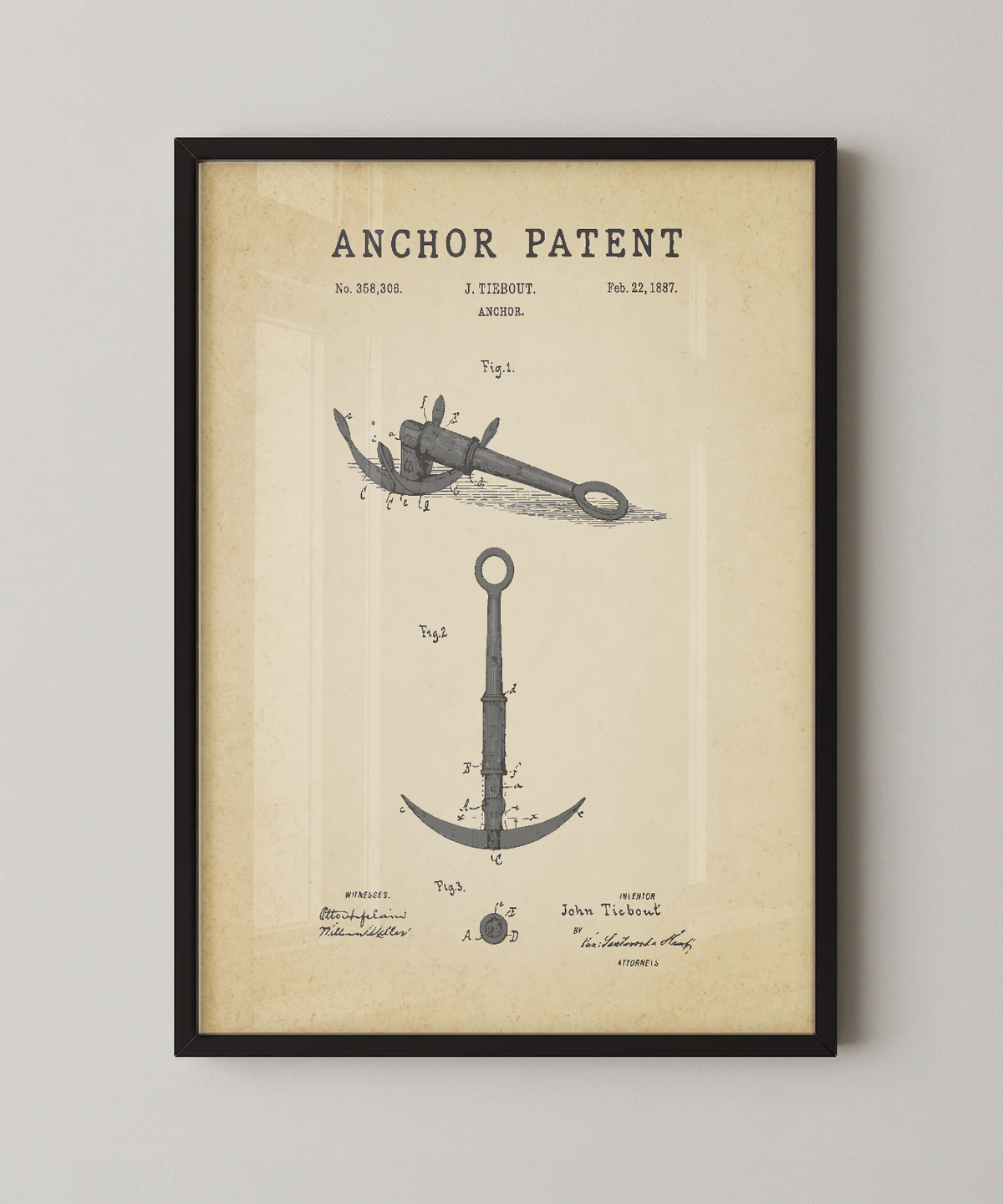 Anchor patent print in a black frame
