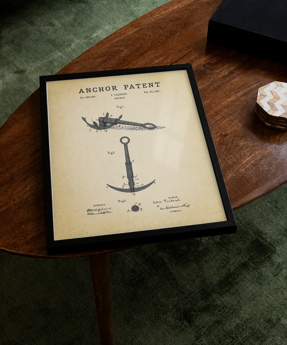 Anchor patent print displayed on a tabletop
