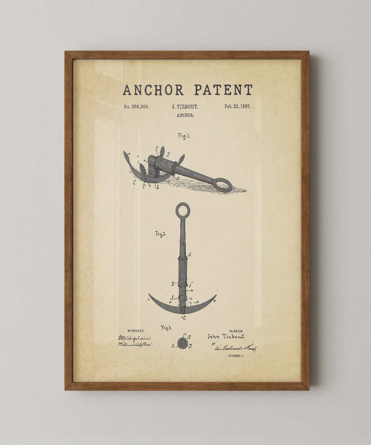 Anchor patent print in a natural oak wood frame