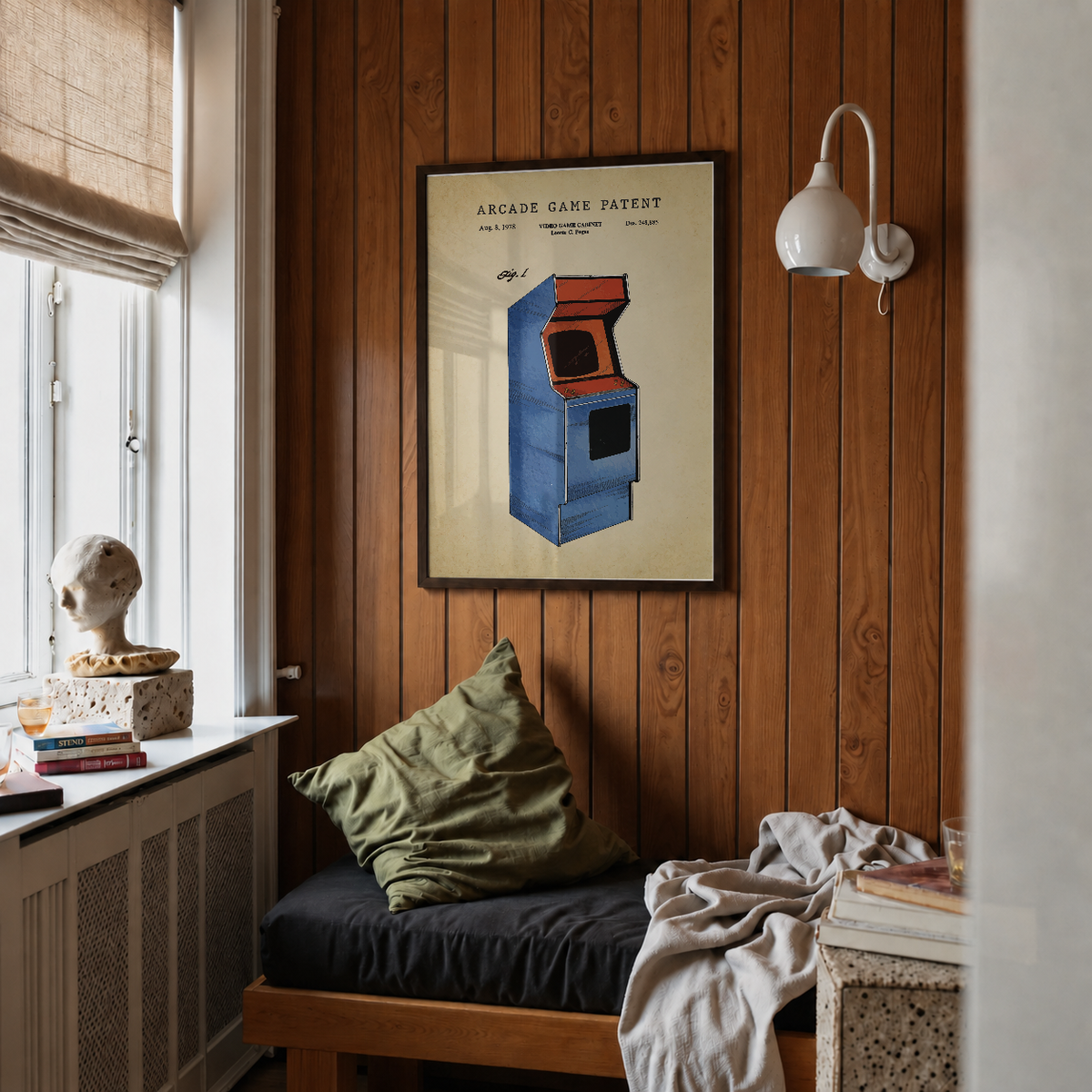 Arcade game patent print framed above a bed in a bedroom