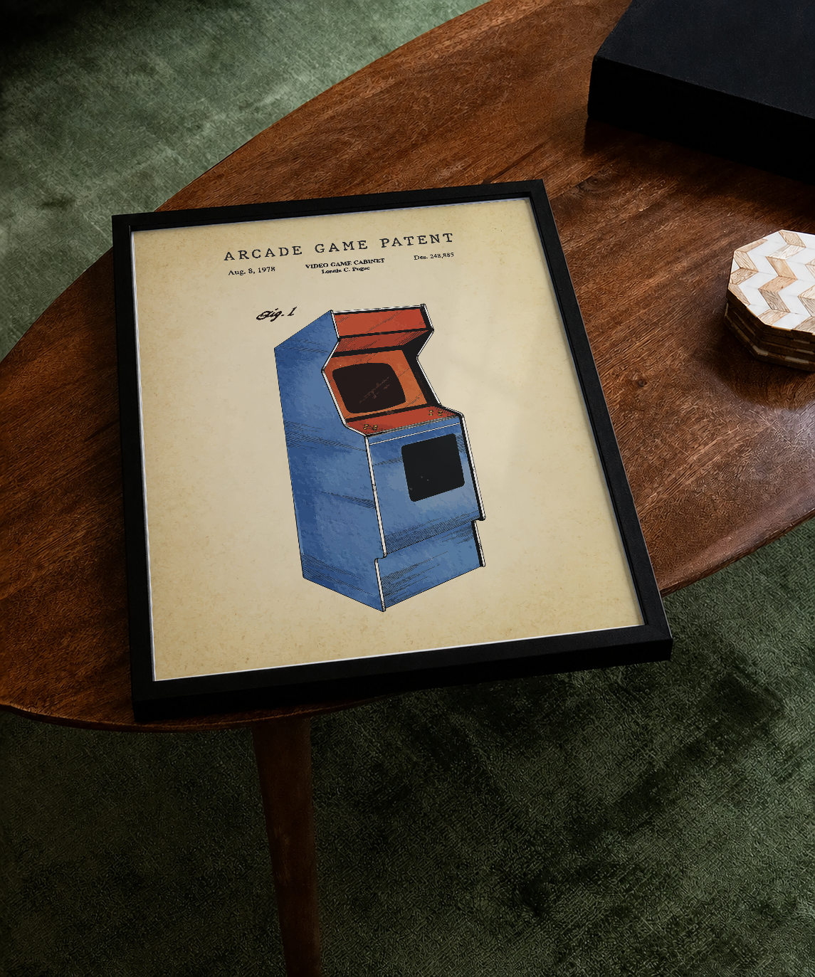 Arcade game patent print displayed on a tabletop
