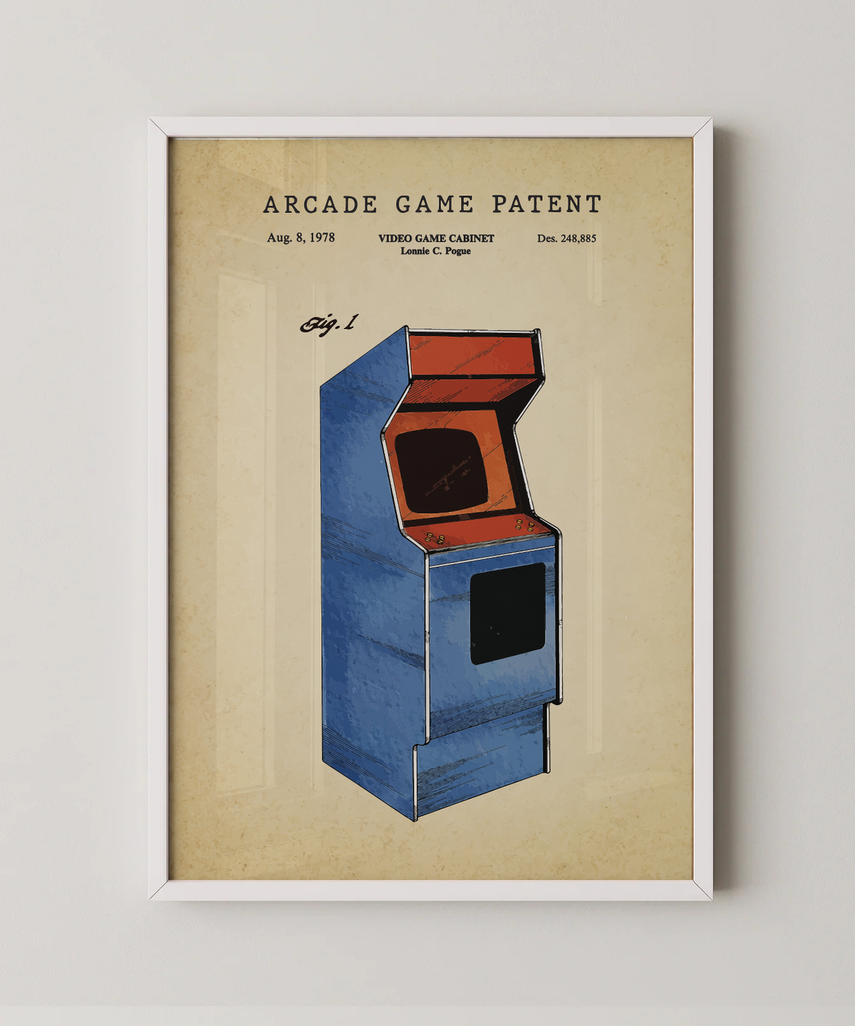 Arcade game patent print in a white frame