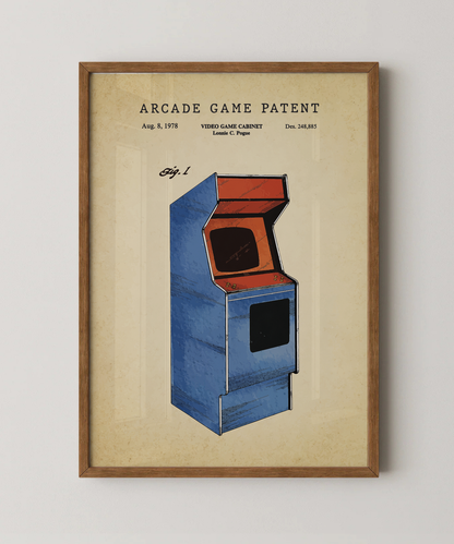 Arcade game patent print in a natural oak wood frame