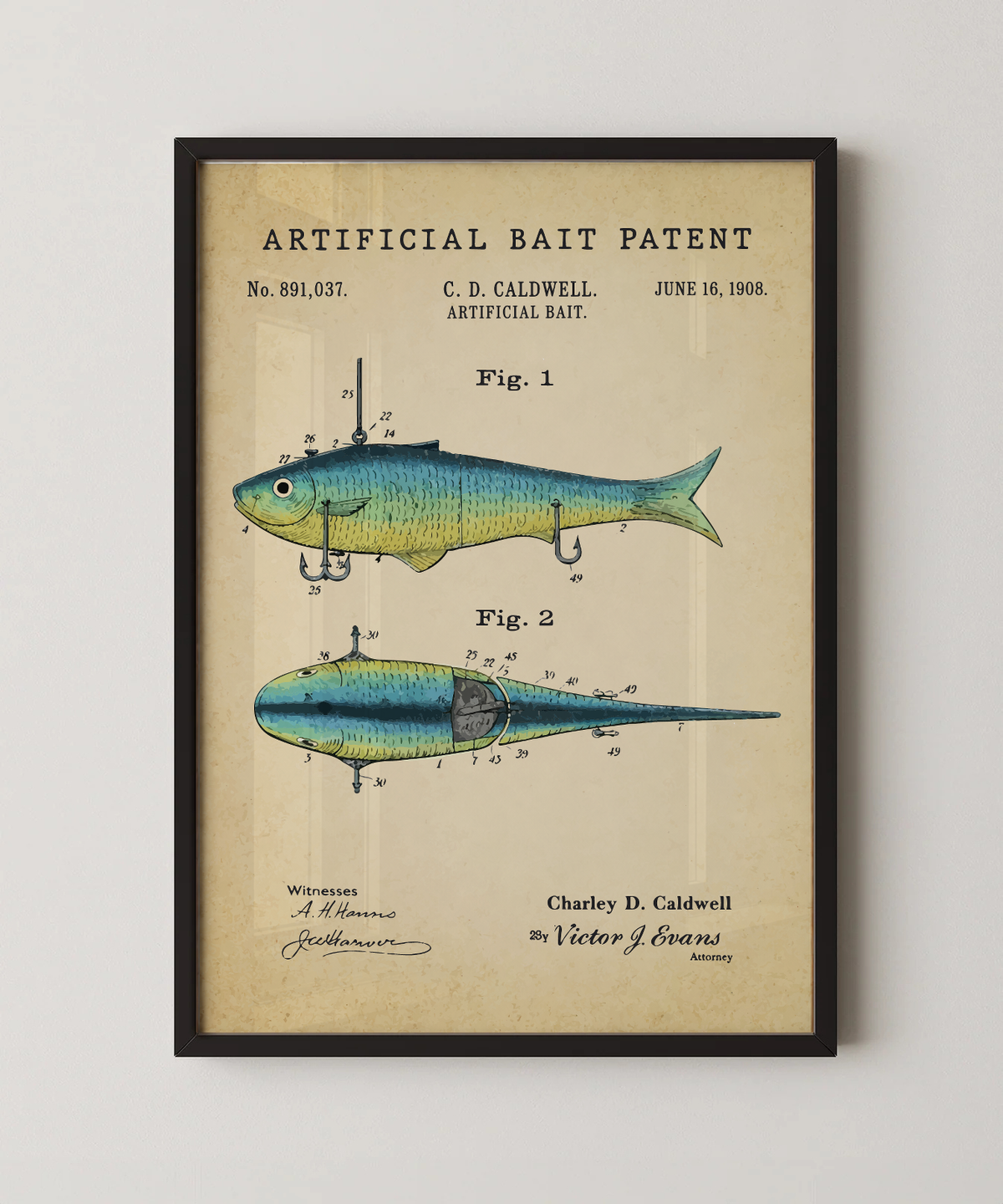 Artificial bait patent print in a black frame