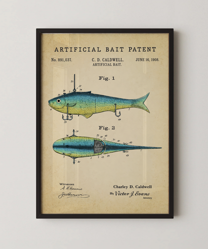 Artificial bait patent print in a black frame