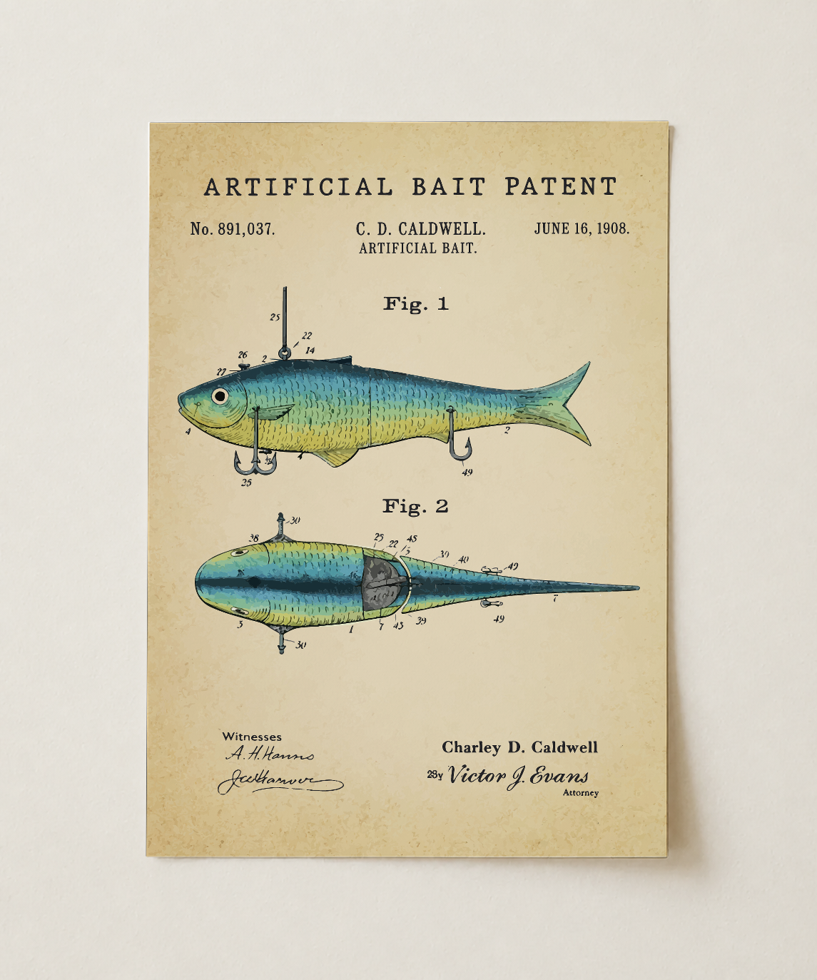 Artificial bait patent print, unframed
