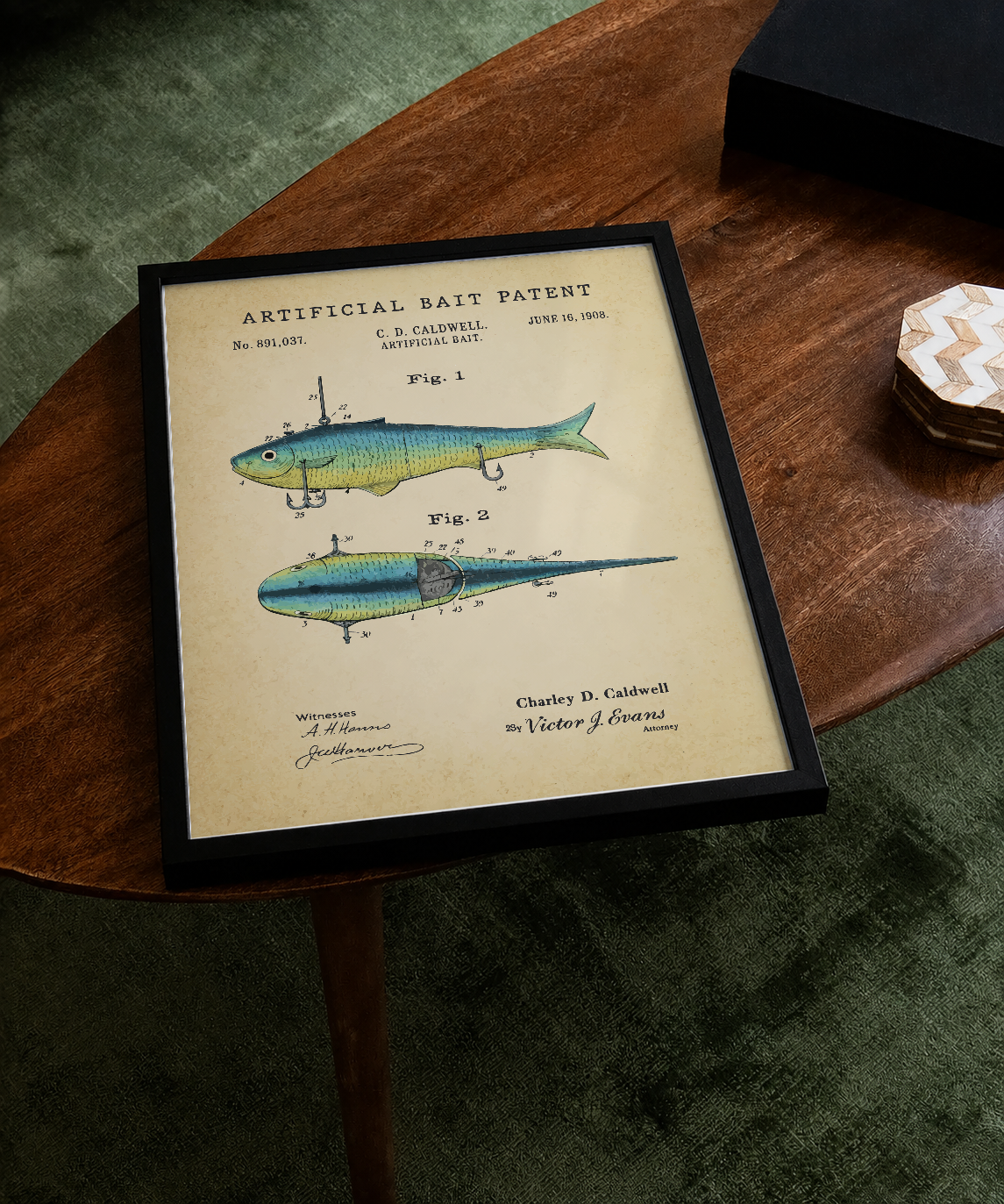 Artificial bait patent print displayed on a tabletop