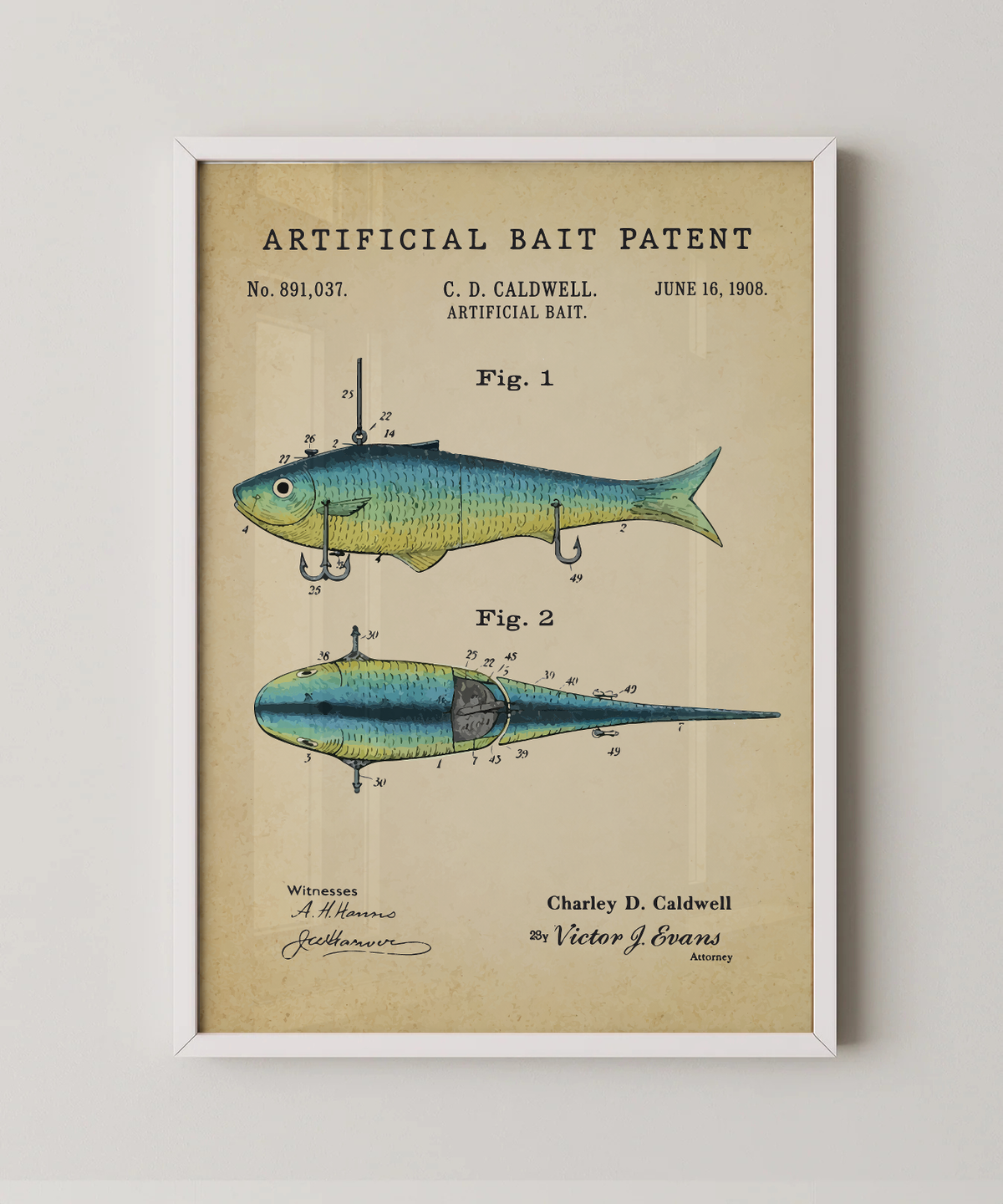 Artificial bait patent print in a white frame