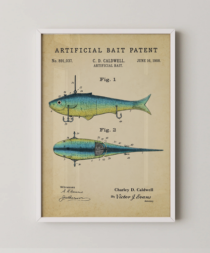 Artificial bait patent print in a white frame