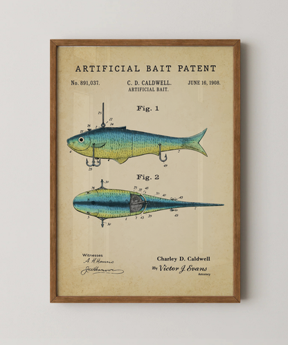 Artificial bait patent print in a natural oak wood frame