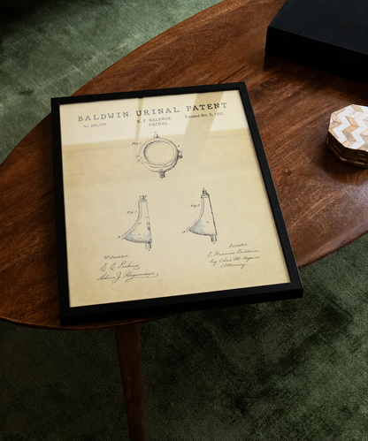 Baldwin urinal patent print displayed on a tabletop