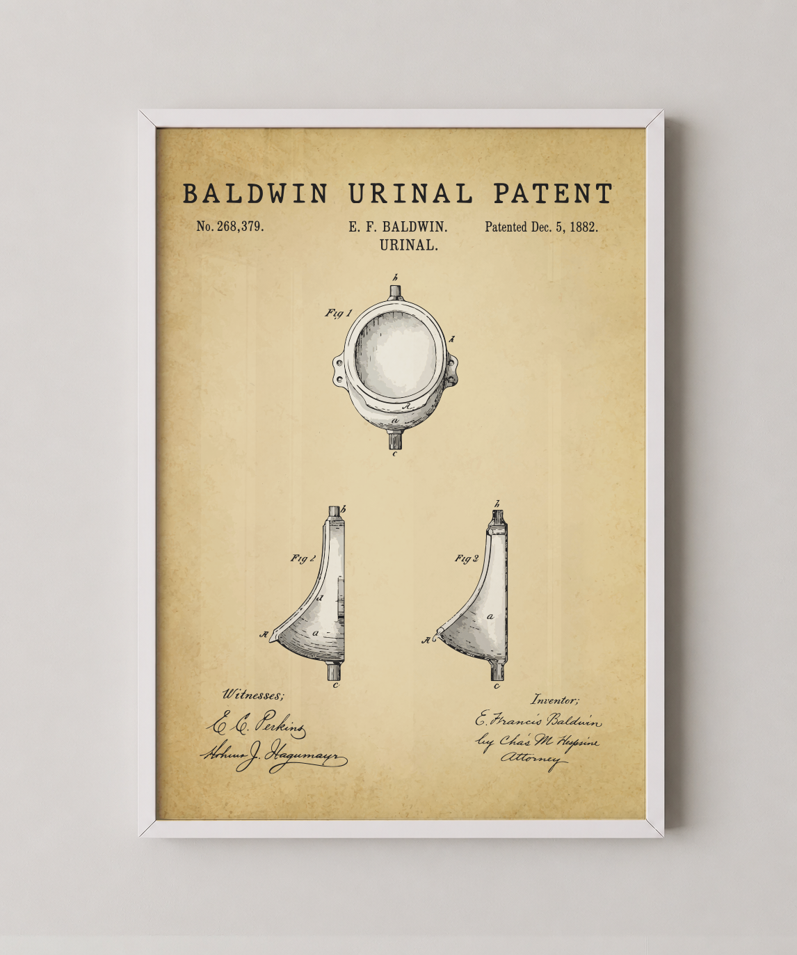 Baldwin urinal patent print in a white frame