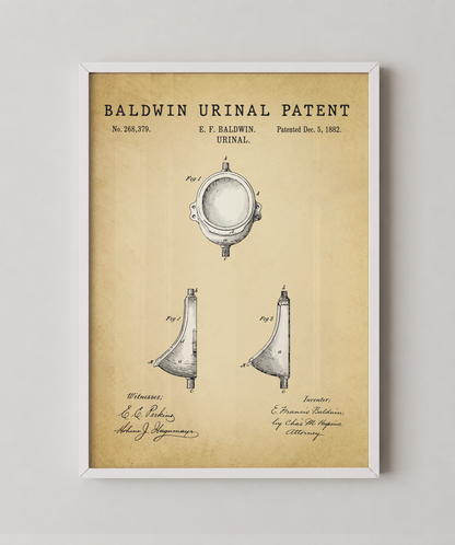 Baldwin urinal patent print in a white frame