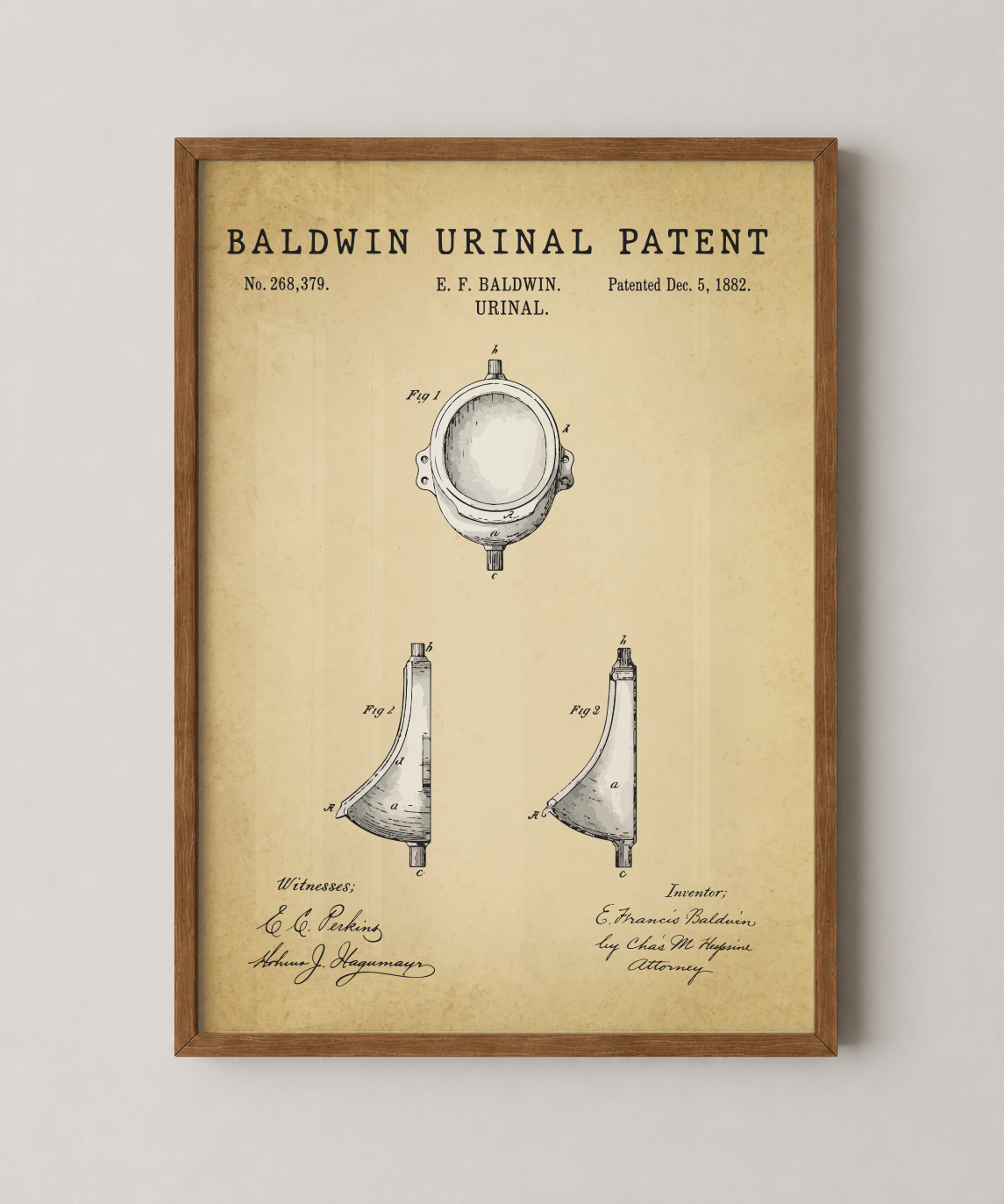 Baldwin urinal patent print in a natural oak wood frame