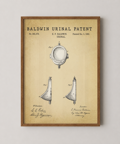 Baldwin urinal patent print in a natural oak wood frame
