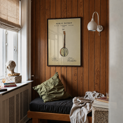 Banjo patent print framed above a bed in a bedroom