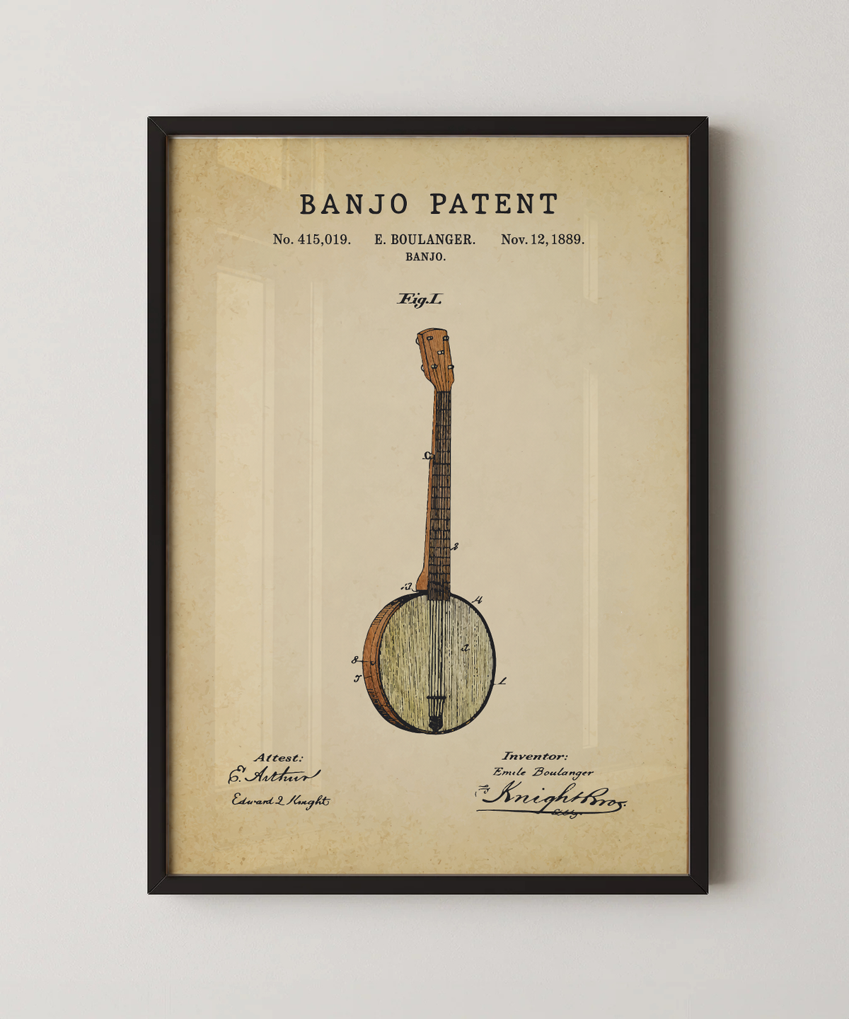 Banjo patent print in a black frame