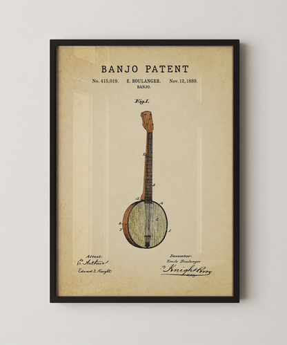 Banjo patent print in a black frame