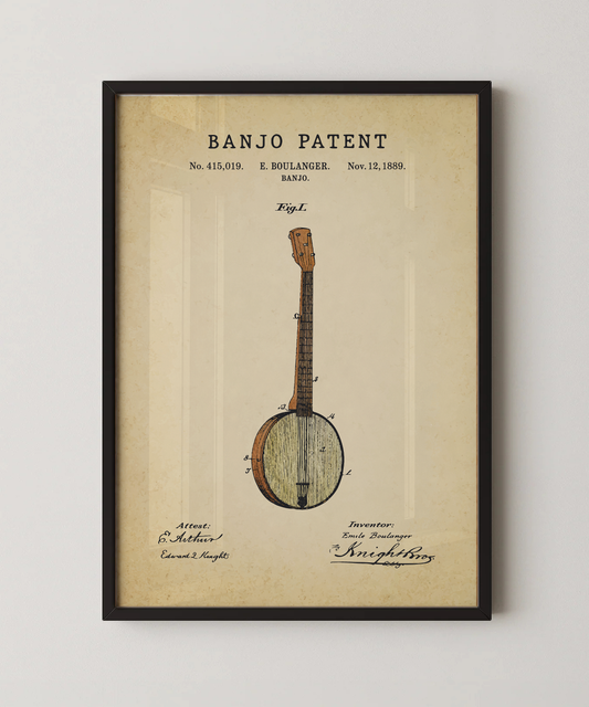 Banjo patent print in a black frame