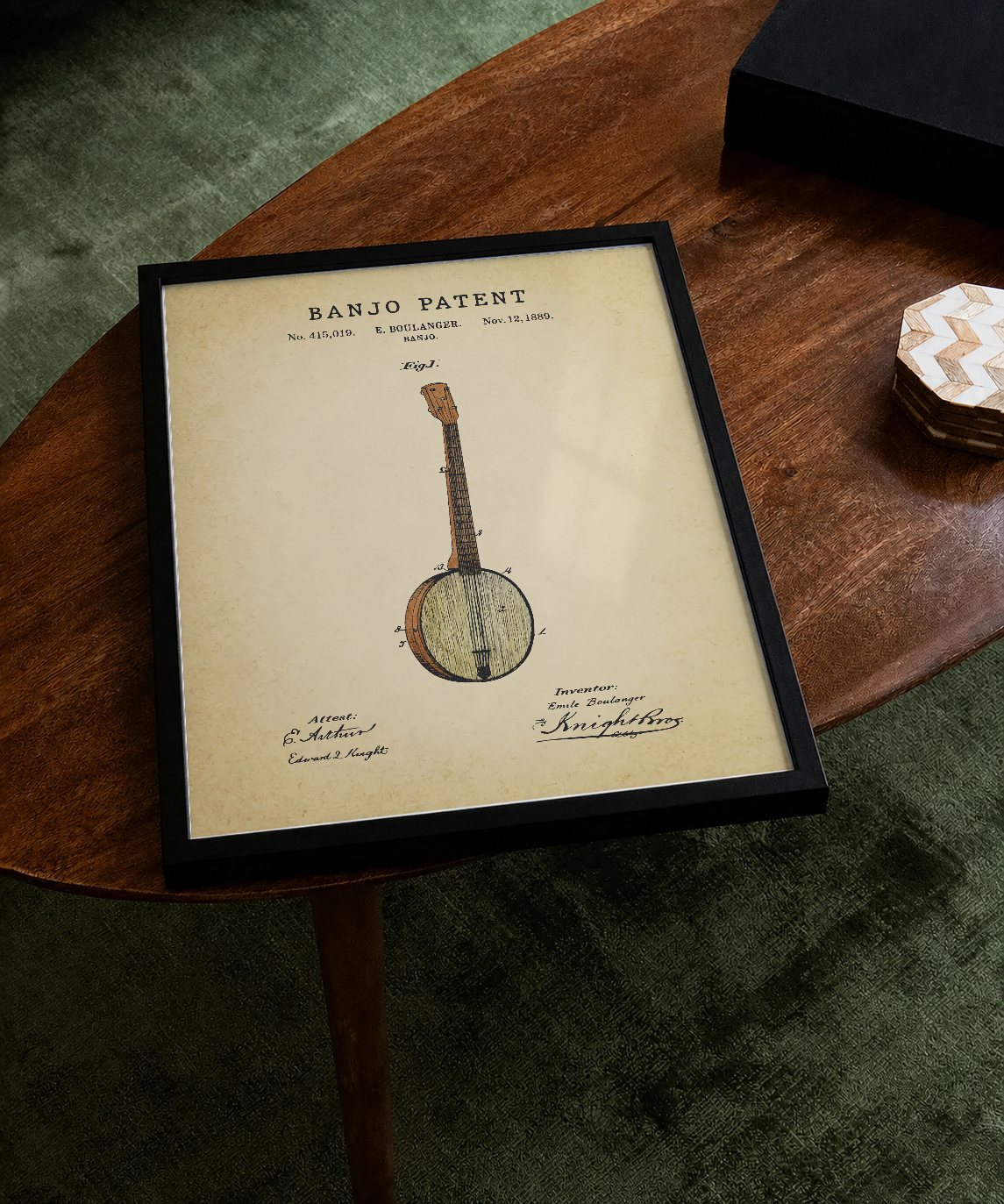 Banjo patent print displayed on a tabletop
