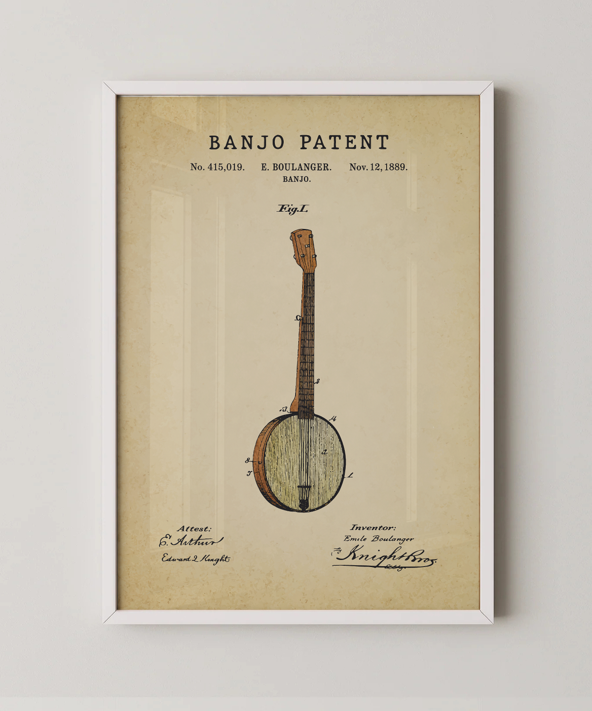 Banjo patent print in a white frame