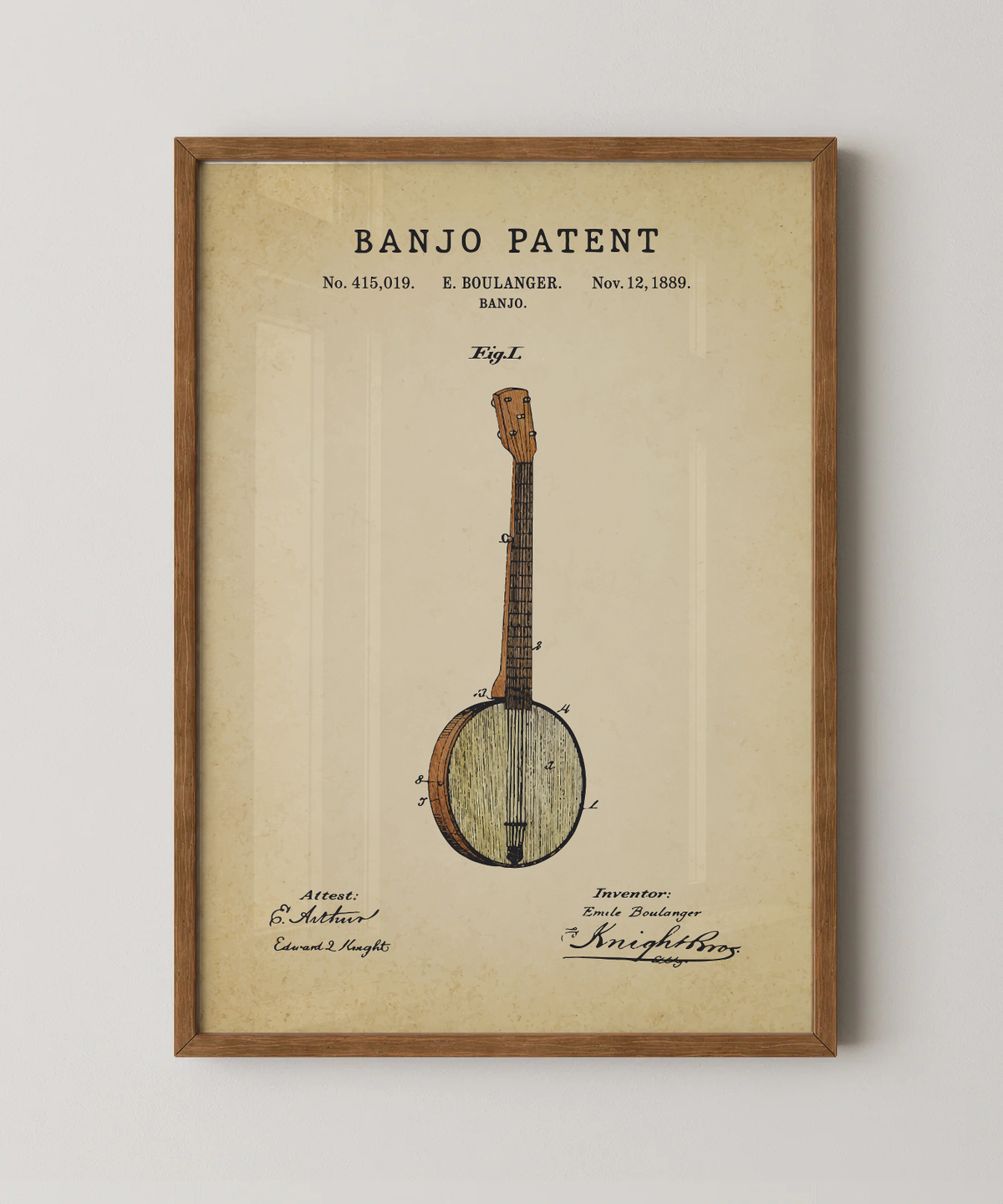 Banjo patent print in a natural oak wood frame