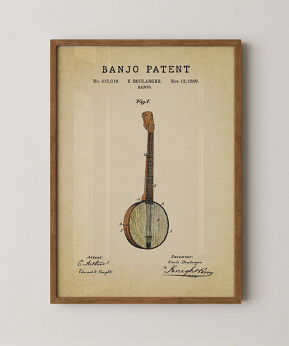 Banjo patent print in a natural oak wood frame