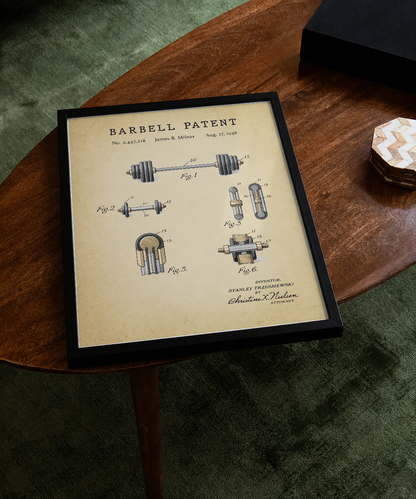 Barbell patent print displayed on a tabletop
