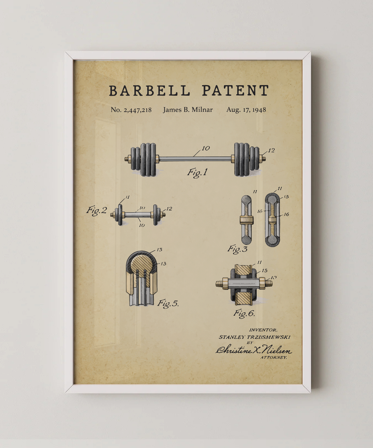 Barbell patent print in a white frame