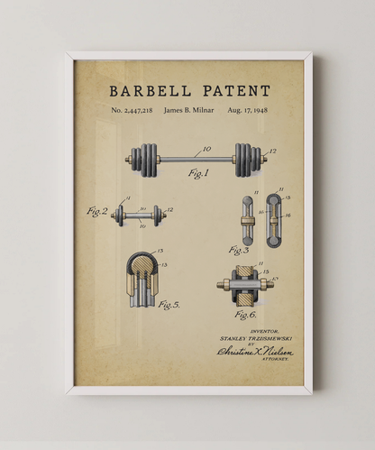 Barbell patent print in a white frame