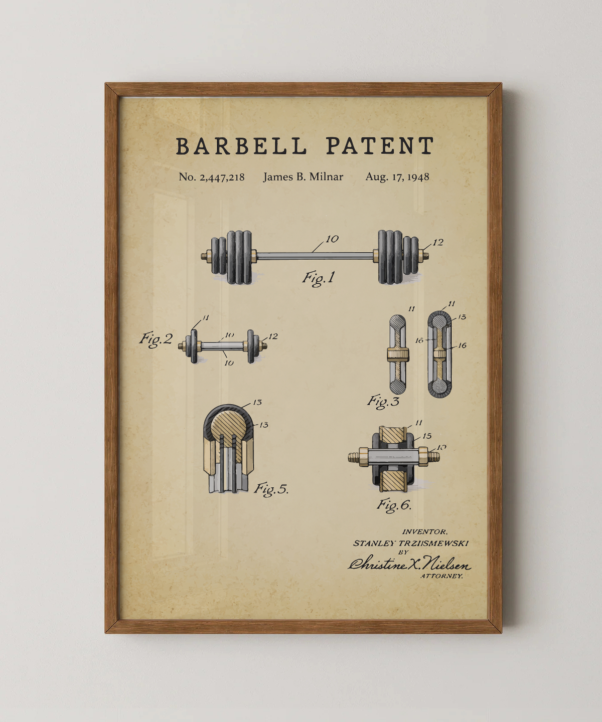 Barbell patent print in a natural oak wood frame