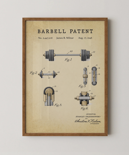 Barbell patent print in a natural oak wood frame